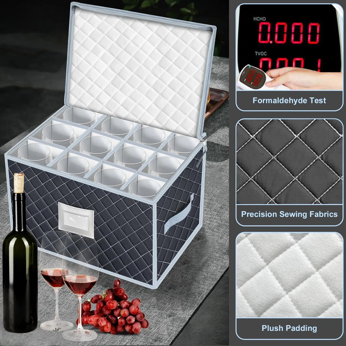 Contenitore per bicchieri da vino con 12 divisori, porta protezione per calici, contenitore per bicchieri da vino, stoviglie in cristallo fragile, viaggi, campeggio (grigio)