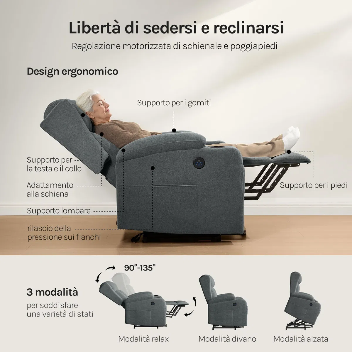 WOLTU Poltrona Elettrica Reclinabile, Sedia Massaggiante con Alzapersone, Riscaldamento, Poggiapiedi, Tasche Laterali, Porta USB, Portabicchieri, per Soggiorno, Tessuto Spugna, Grigio, SKS61gr