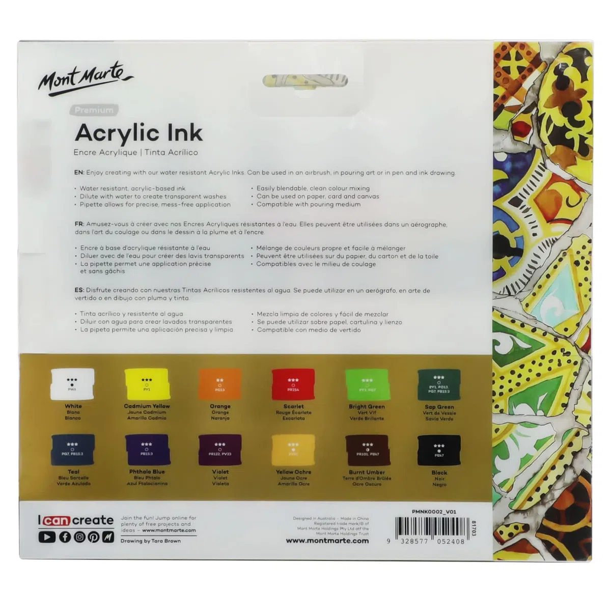 Mont Marte Inchiostro acrilico Premium 12 pezzi x 20 ml (0,7 US fl.oz), inchiostri acrilici per artisti, colori essenziali, ideale per aerografo, arte versata, scrapbooking, disegno a inchiostro
