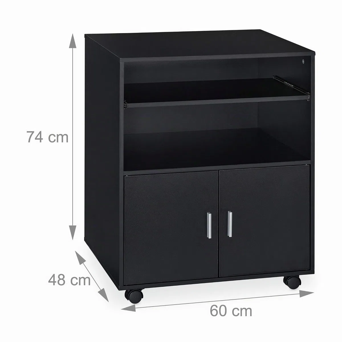 Relaxdays Carrello Porta Stampante da Ufficio, Tavolino a 2 Ripiani e Porta Tastiera, Mobile con Ruote, 74x60x48cm, Nero