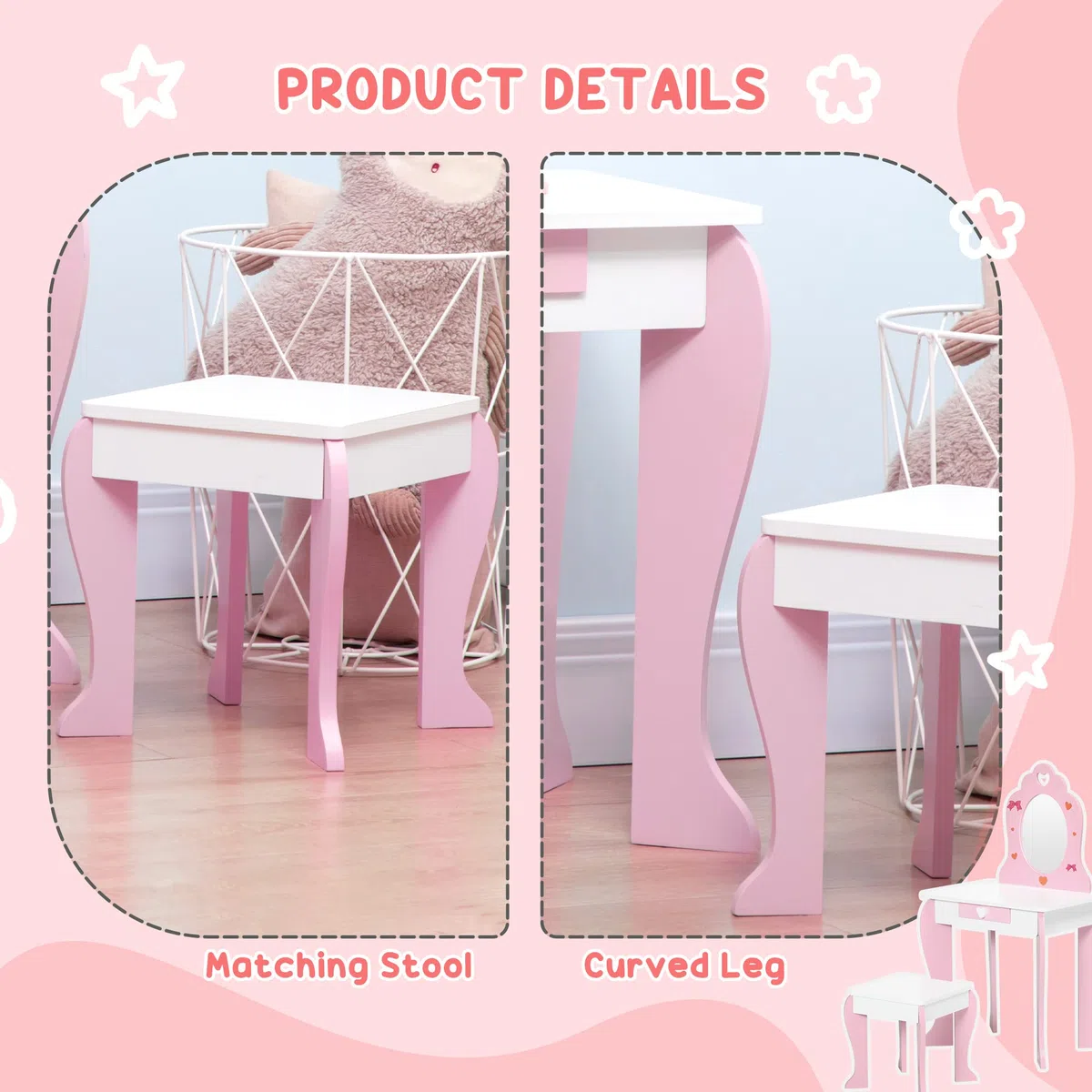 ZONEKIZ Set Tavolo Trucco con Sgabello e Specchio e Cassetto in Legno MDF per Bambini da 3-6 Anni, Bianco e Rosa