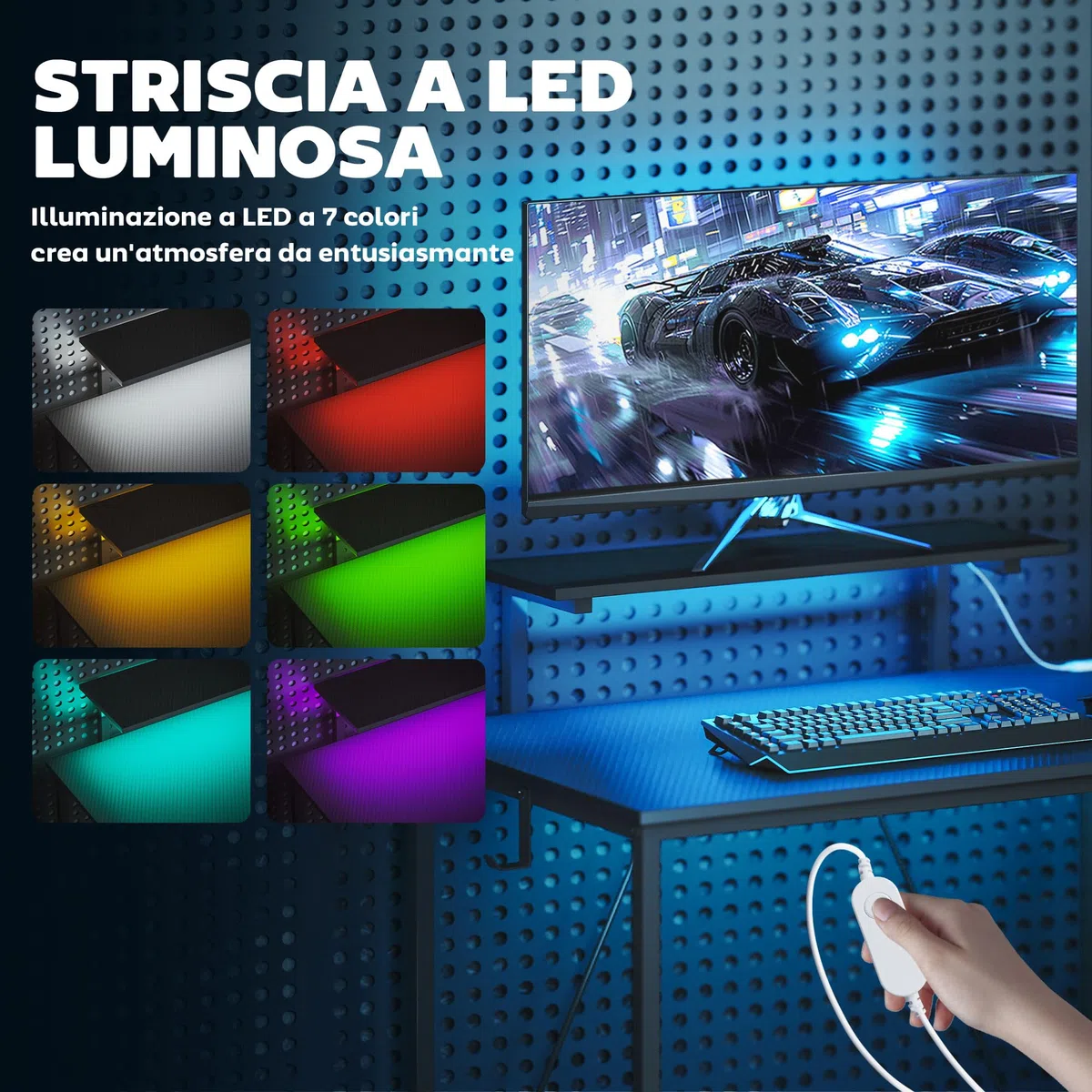 HOMCOM Scrivania Gaming Reversibile ad L con LED, Prese Elettriche, 114.5x82cm Scrivania Angolare con Supporto per Monitor e Ripiani Regolabili a Rete, Postazione Gaming per Casa Ufficio Studio, Nero