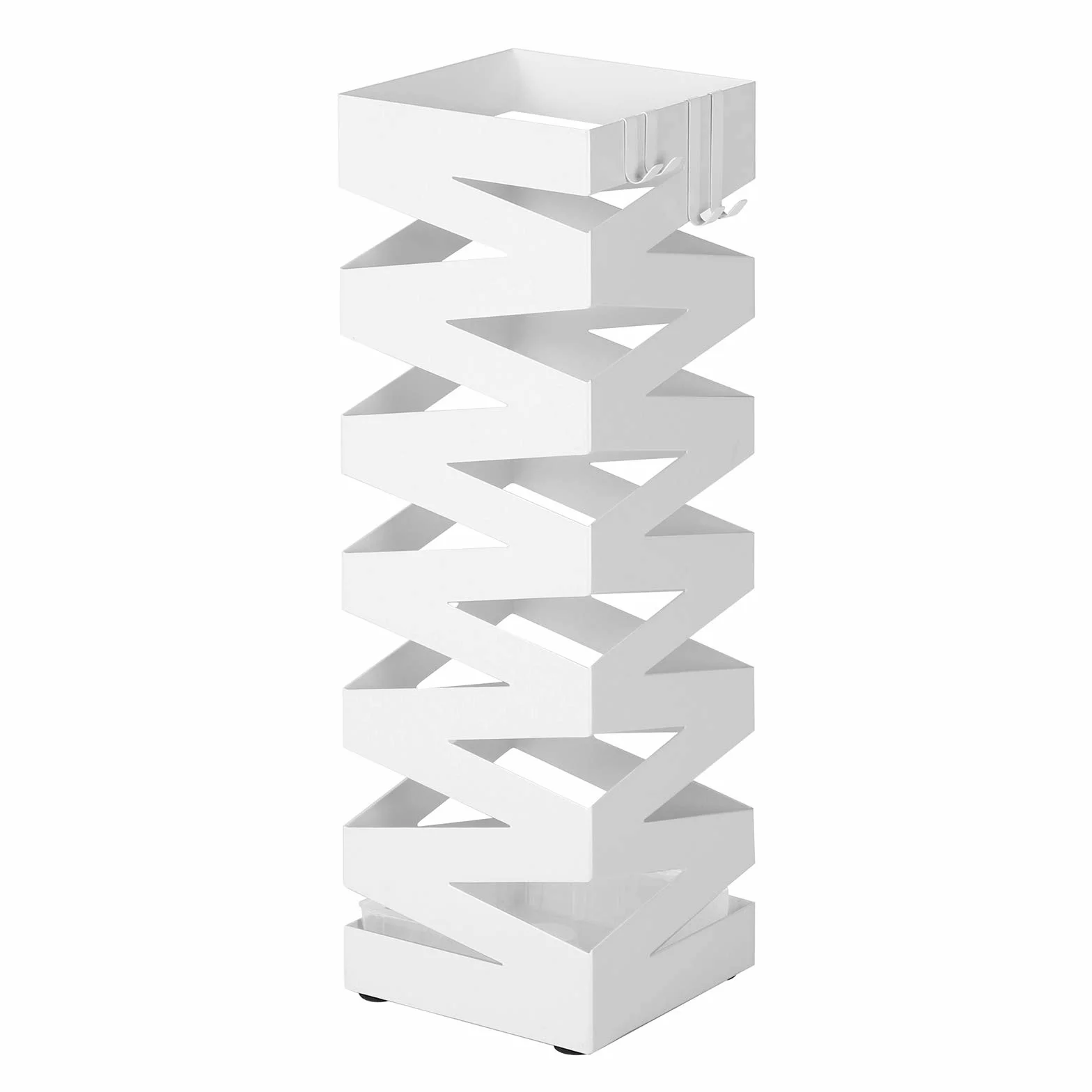 SONGMICS Porta Ombrelli in Metallo, Contenitore per Ombrelli Quadrato con 4 Gancetti e Vaschetta Scolapioggia Rimovibile, 15,5 x 15,5 x 49 cm, Bianco LUC16W