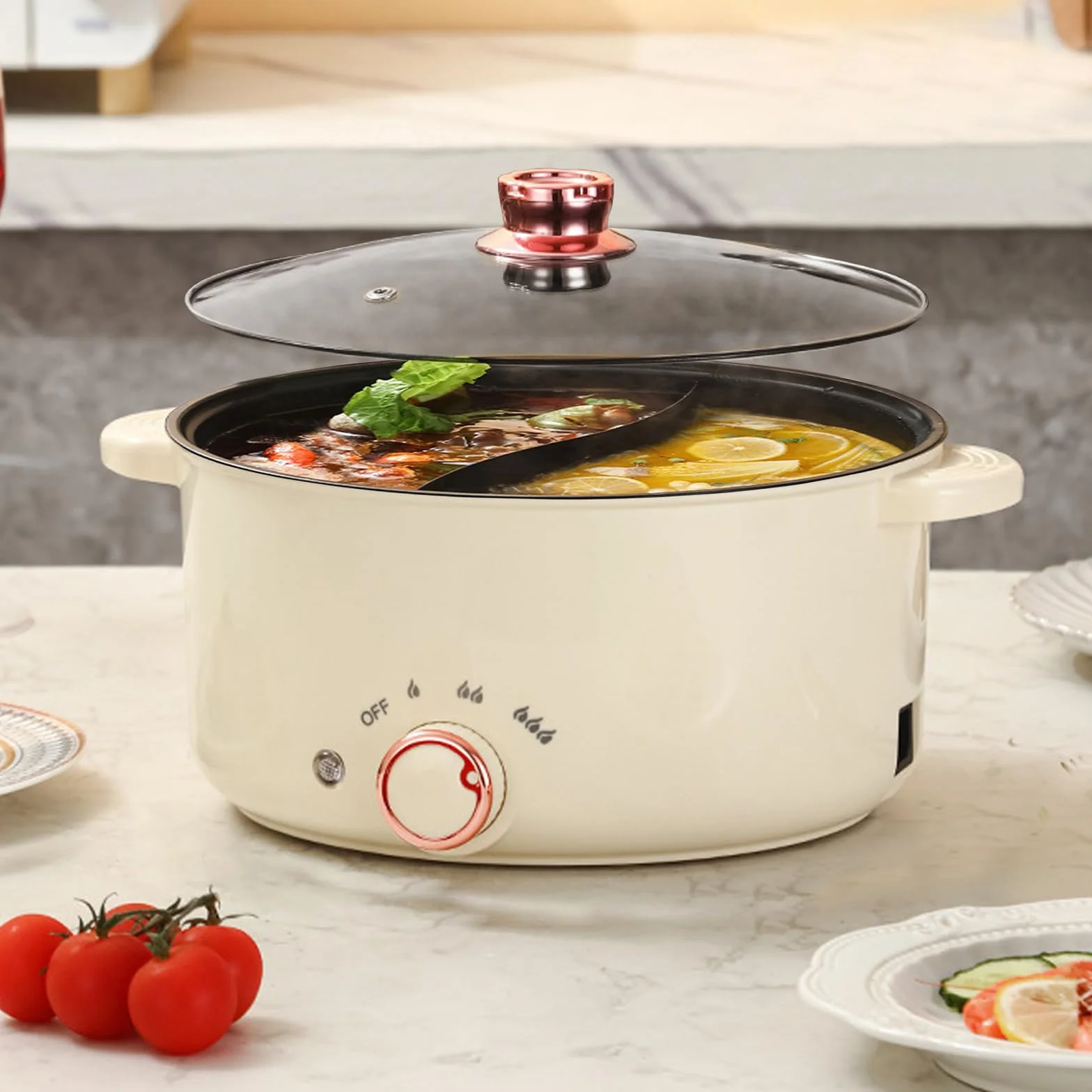 Hot Pot Elettrico da 3,5 L Casseruola Elettrico con Separatore 1000W Tre Regolazioni di Potere Antiaderente Pentola Versatile Zuppa Rapida per Friggere Ramen Fonduta Zuppa