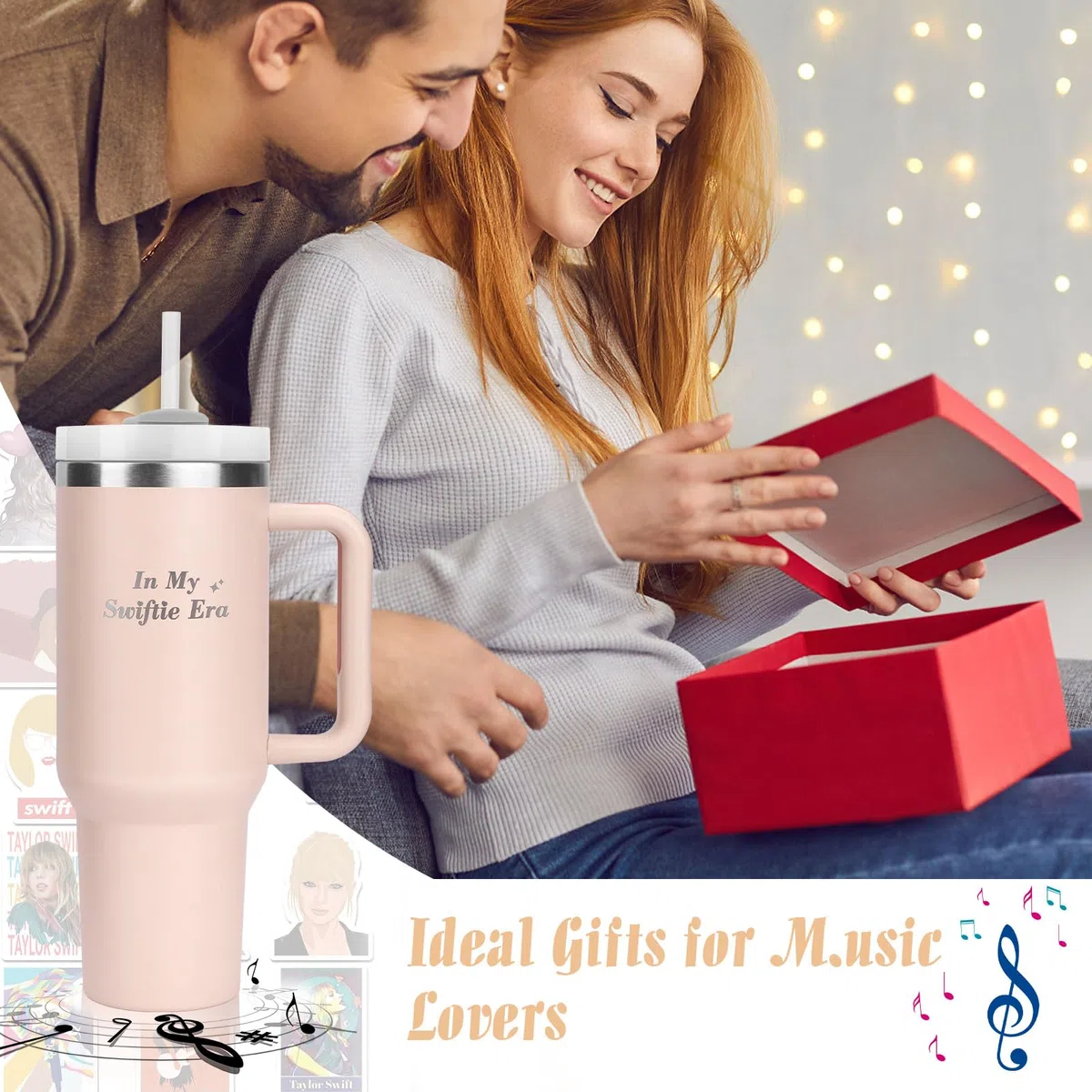 Bicchiere Isolato da 40oz in Acciaio Inossidabile con Manico,con Cannuccia e Spazzola per la Pulizia,Regali per Gli Amanti Della Musica per le Donne,Tazza Termica da Viaggio Thermos()