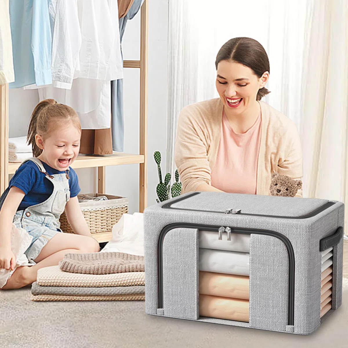 3 Pezzi Scatole per Armadio, 24L Organizer Armadio con Struttura in Metallo, Scatole per Armadio Rigide Pieghevoli con Cerniera, Ideali per Rangement Vestiti & Organizzazione - 3x24L