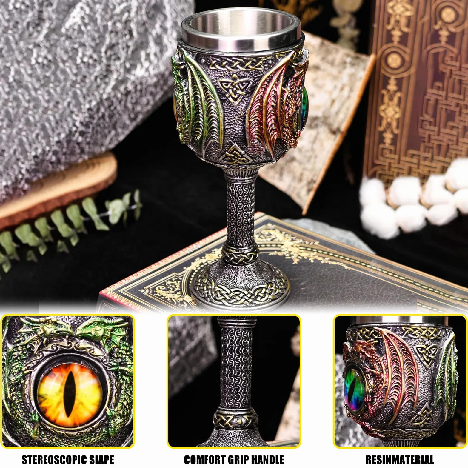 ZONSUSE Calice Drago, Calices Occhio Dragos, Bicchiere da Vino Medievale, Goblet in Acciaio Inox, Tazza Halloween 180ml (Occhi)