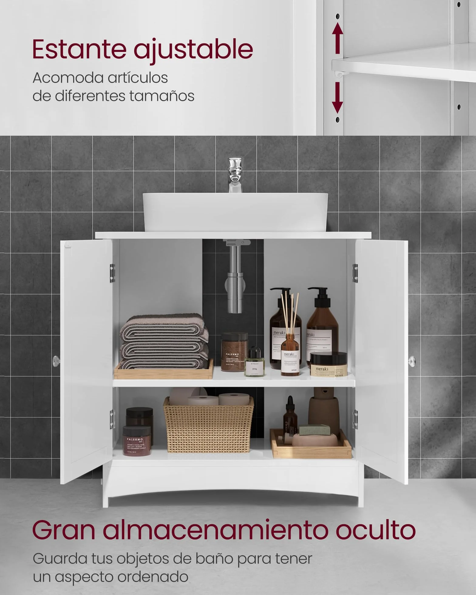 VASAGLE Mobiletto Sottolavandino Armadietto Sottolavabo Scaffale per Il Bagno con 2 Ante 2 Scompartimenti Ripiani Regolabili a Prova di umidità 60 x 30 x 60 cm Bianco BBC01WT