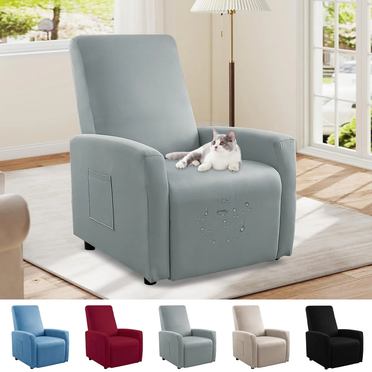 Bocguy Copripoltrona Relax Reclinabile, Copripoltrona 1 Post Poltrone Relax Elettriche, Copridivano Impermeabile. Rivestimento Elasticizzato con Tasche, Rivestimento per Poltrona (Light Gray)