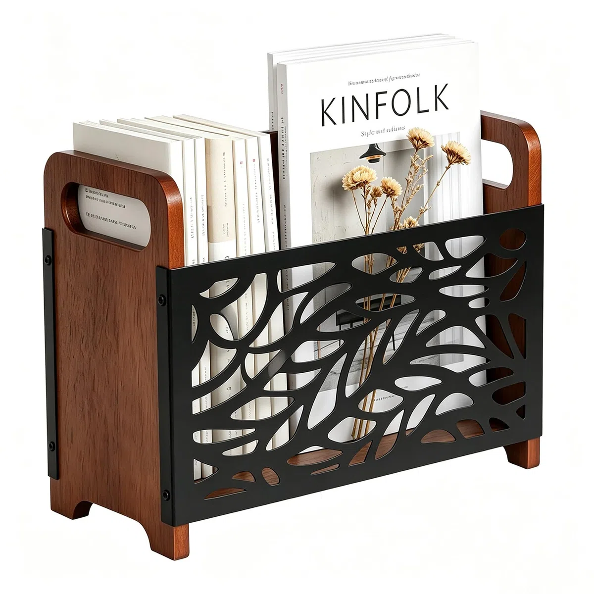 Portariviste in legno, portariviste con manico, multifunzione, per ufficio, casa, 33 x 24 x 13 cm (nero/foglie)