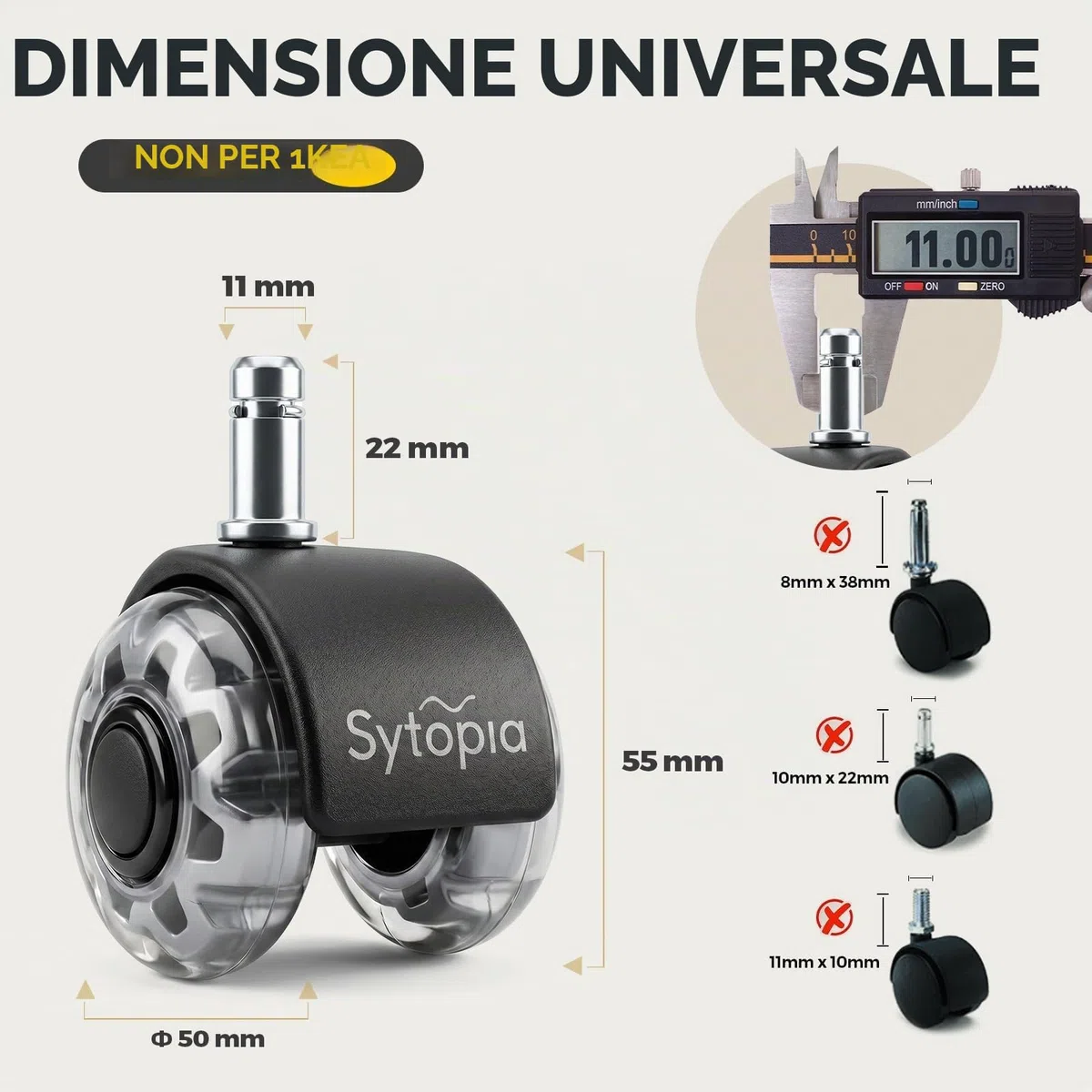 Sytopia Set di 5 ruote per sedia da ufficio, 11 x 22 mm, super silenziose e morbide, per pavimenti duri, parquet, moquette, laminato, non richiede tappetino protettivo per pavimento (non adatto per