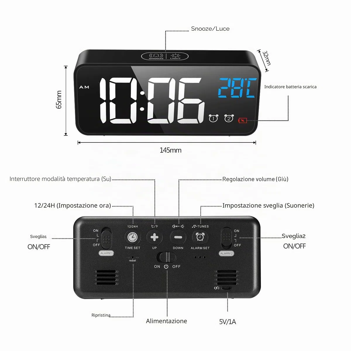MOSUO Sveglia Digitale, Sveglia da Comodino con Temperatura e LED Grande Schermo, Orologio a Specchio con 2 Allarme, Snooze, Suoni e Luminosità Regolabile, Controllo Vocale, USB Ricaricare, Nero