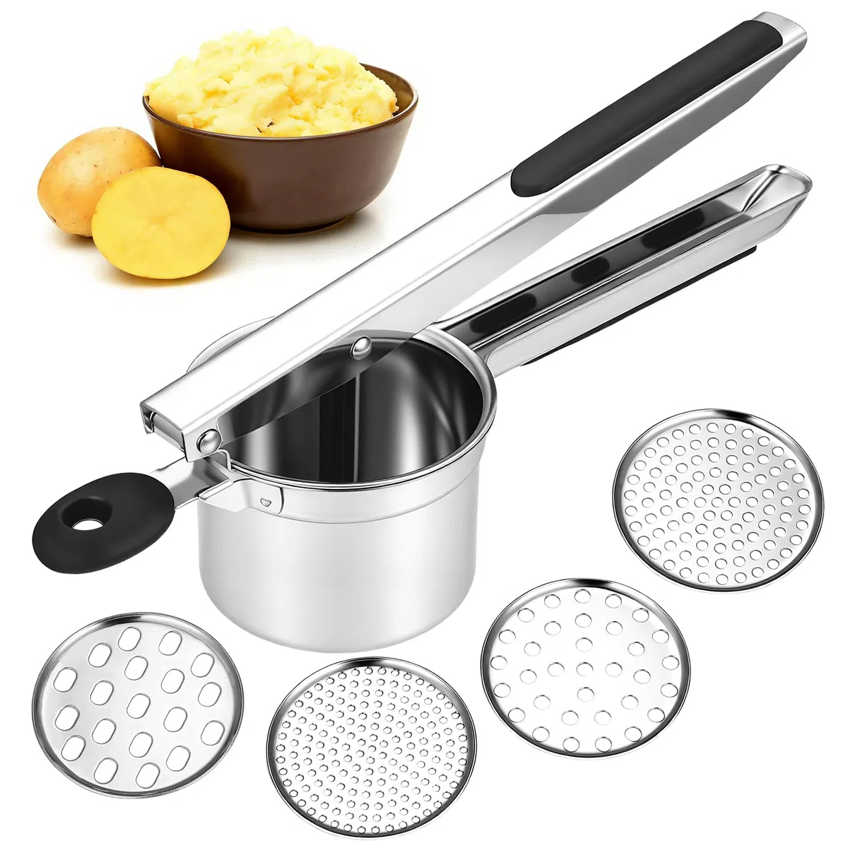 1 Pz Schiacciapatate Acciaio Inox, Schiaccia Patate in Acciaio Inox, Schiacciapassatelli per patate, succhi di frutta, purea di verdure, con 3 dischi sostituibili