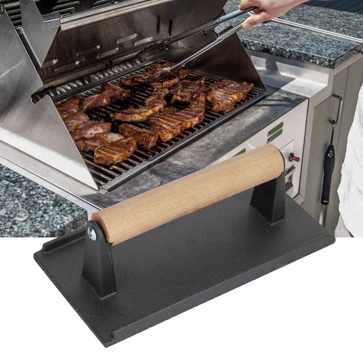 Pressa per Griglia in Ghisa da 8,3 Pollici, Pressa per Hamburger con Pancetta E Pancetta, Pressa per Barbecue con Manico in Legno per Bistecche al Barbecue, Panini, Panini E Carni
