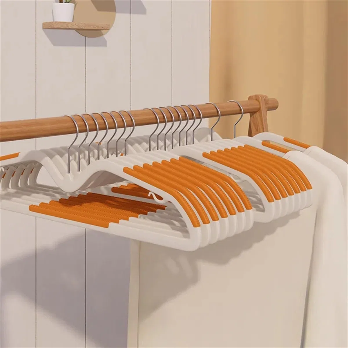 Appendiabiti a collo corto in plastica audace e senza cuciture da 10 pezzi, appendiabiti a doppio scopo asciutto e bagnato, appendiabiti, supporto(Orange)