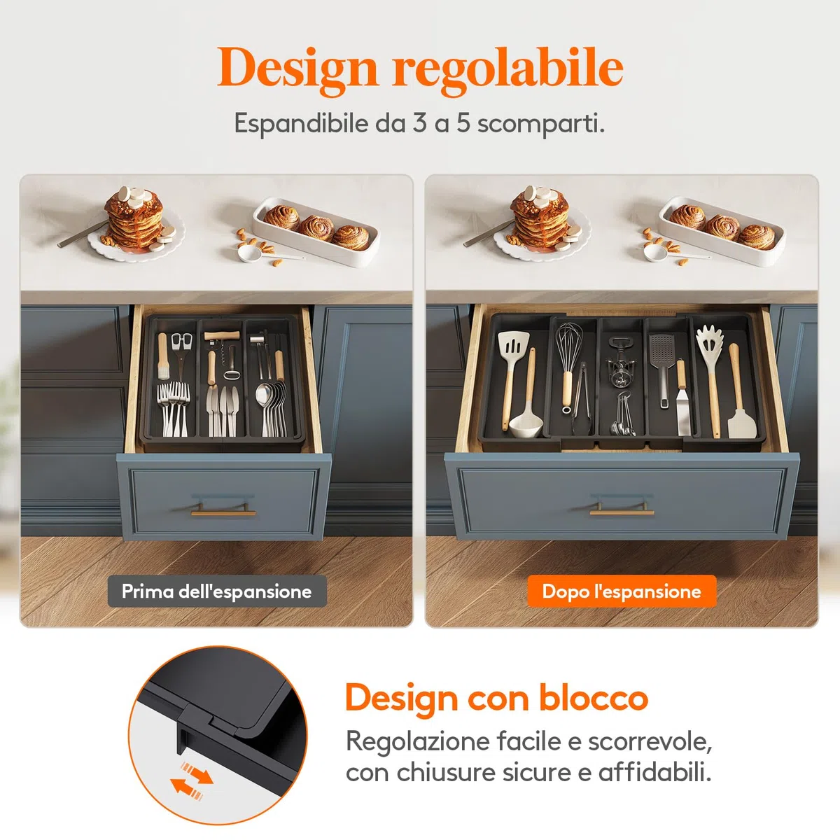 Lifewit Portaposate da Cassetto, Organizer Utensili da Cucina, Porta Posate Regolabile in Plastica, per Utensili e Accessori, Profondità 38 cm, Espandibile fino a 57 cm, Pacchi 1, Nero