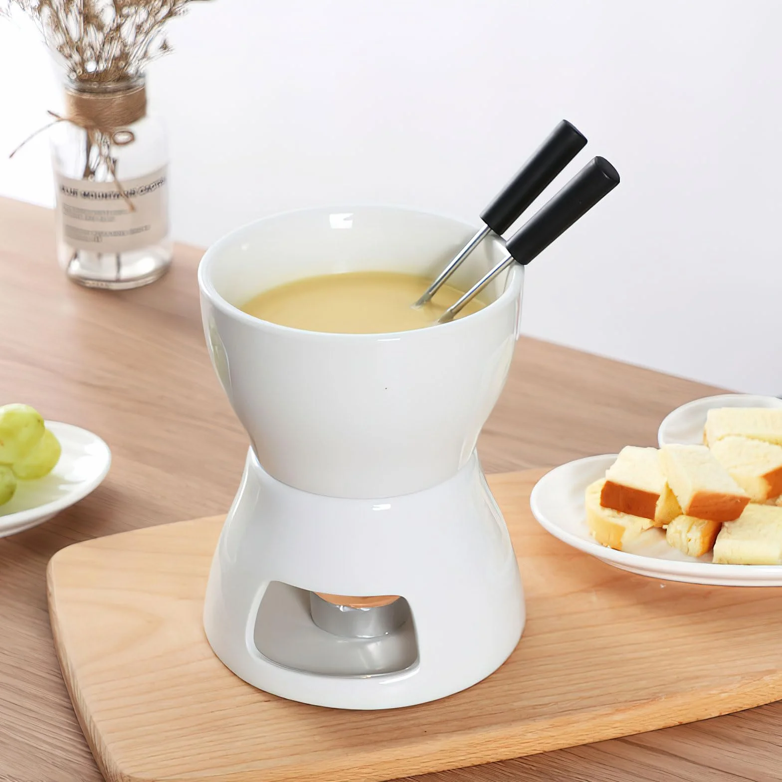 DAWRIS Set Fonduta in Ceramica per Cioccolato e Formaggio, Ciotola in Ceramica con Portacandela e 4 Gabeln, Set Fonduta per Cioccolato e Formaggio per Famiglia e Dessert