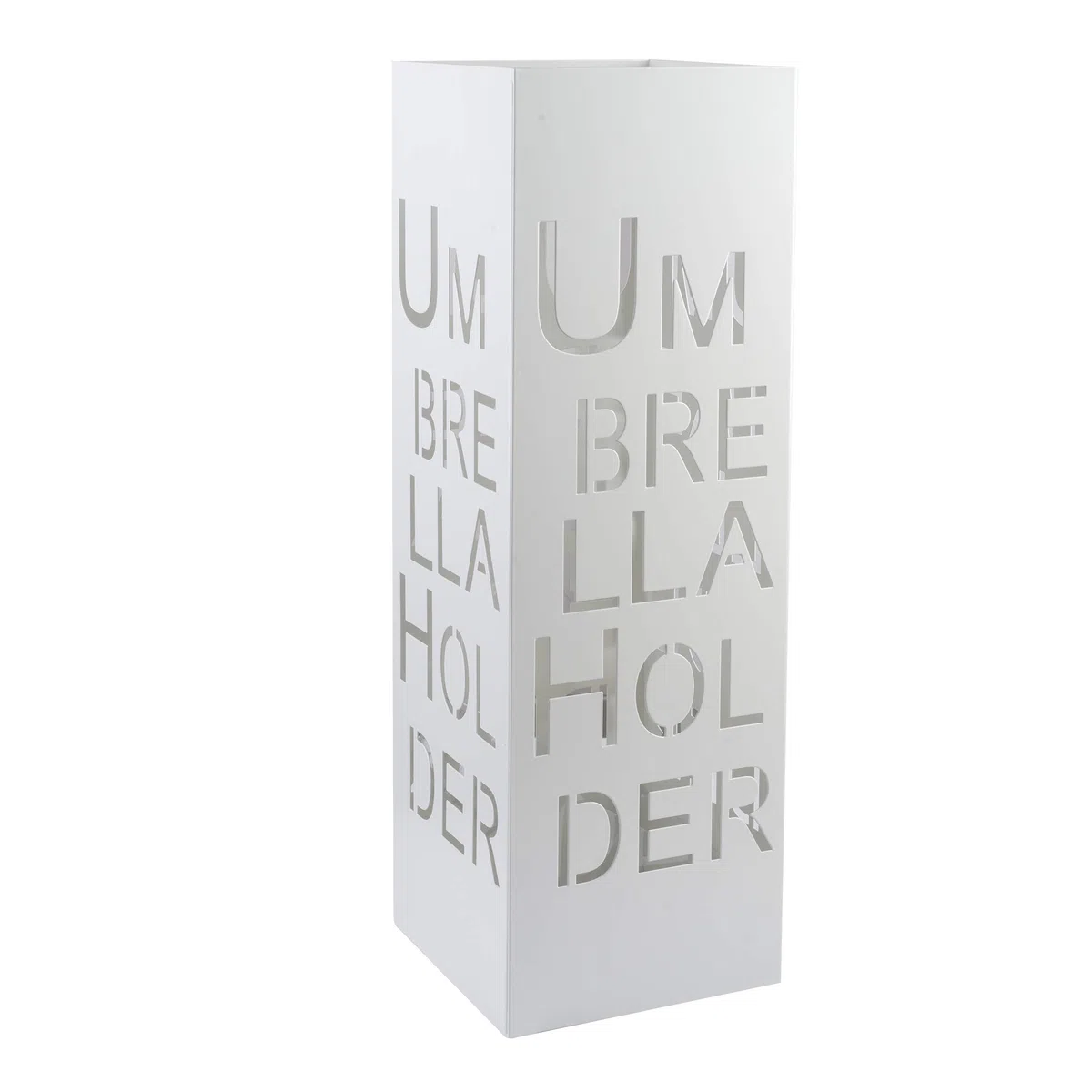 Baroni Home Portaombrelli Design Moderno Porta Ombrelli in Metallo con Intaglio Scritta Umbrella Holder Bianco con Gancino e Vaschetta Scolapioggia Rimovibile 15,5X15,5X49 cm