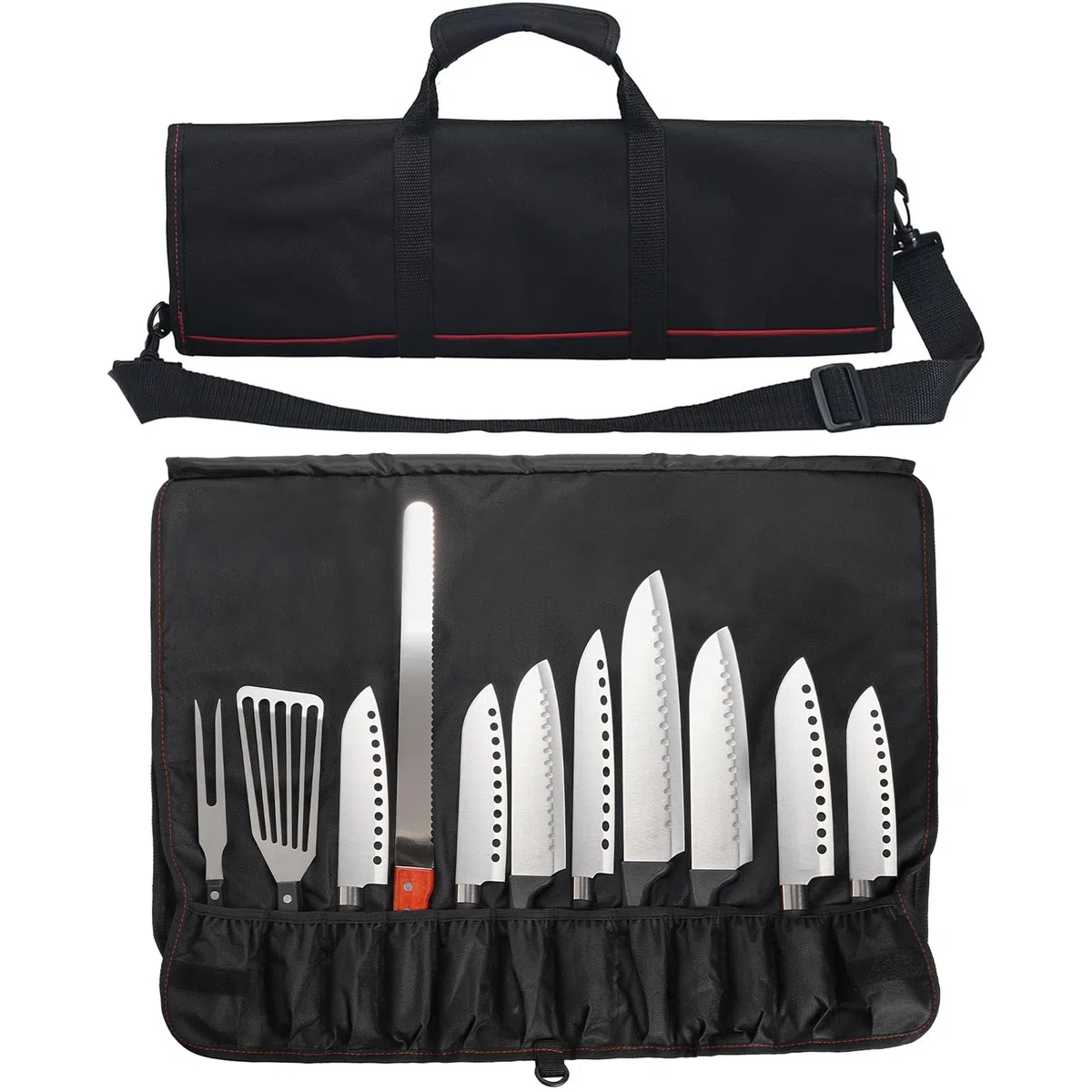 Tosnail chef coltello di roll con 21 scomparti e 1 grande tasca con zip, manico e tracolla – nero