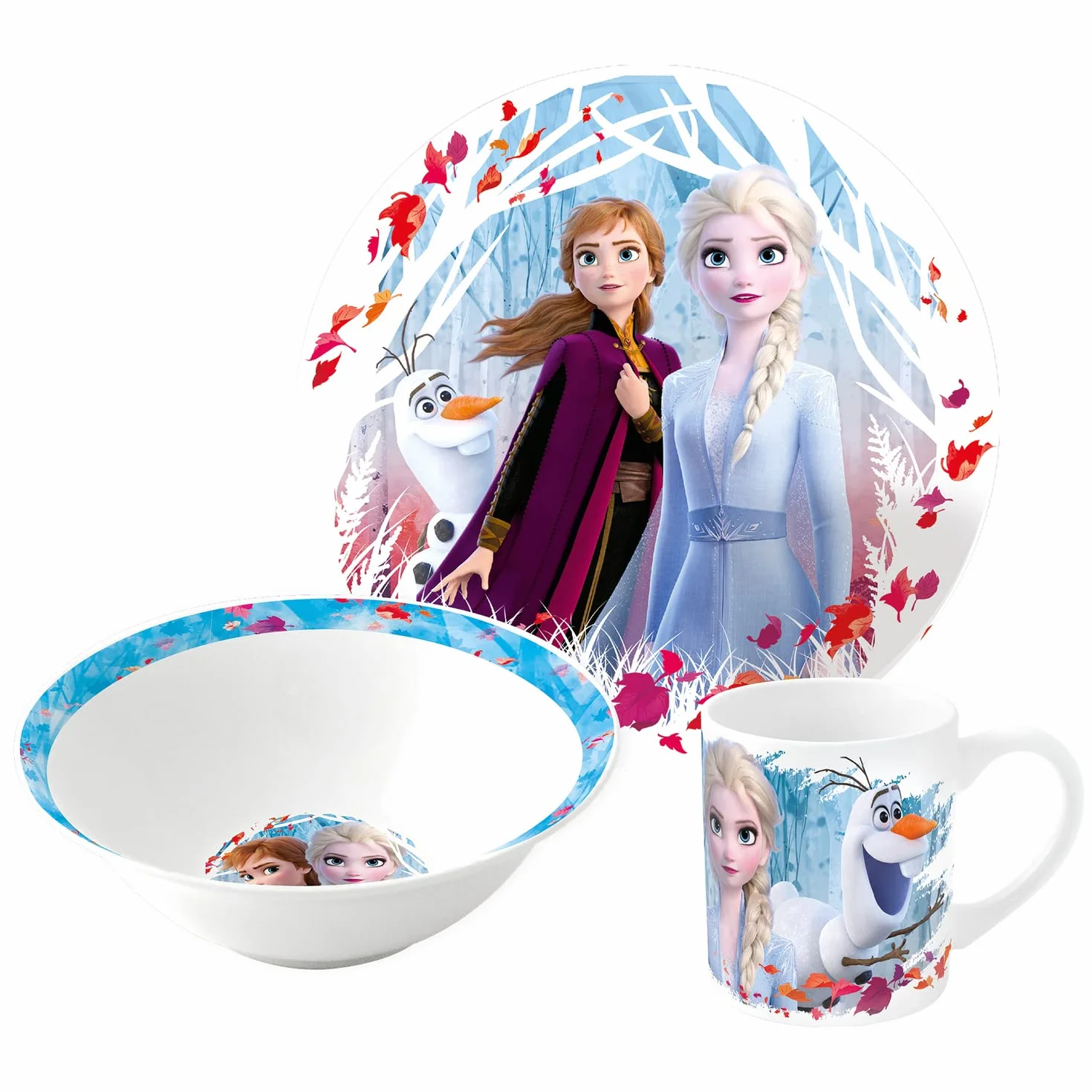 p:os Frozen Die Eiskönigin 24508049 - Set da colazione, 3 pezzi, con piatto, ciotola e tazza, stoviglie per bambini in porcellana, lavabile in lavastoviglie/microonde