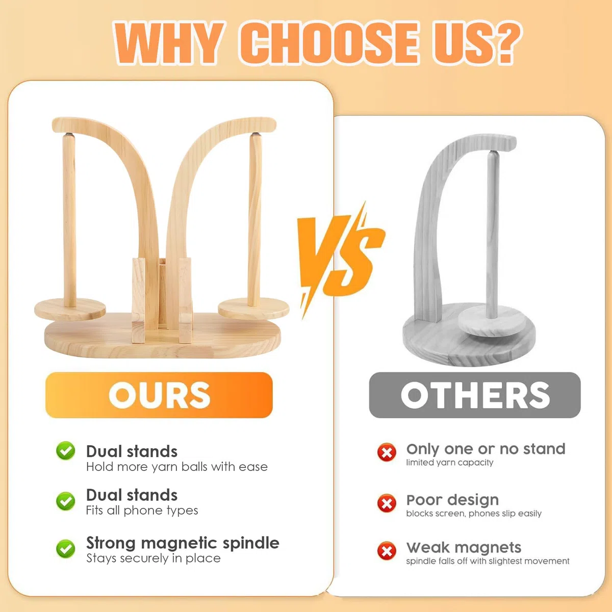 Svolgitore magnetico in legno con organizer per accessori a maglia, supporto per filo rotante per lana, con supporto per cellulare per amanti del uncinetto (legno naturale)