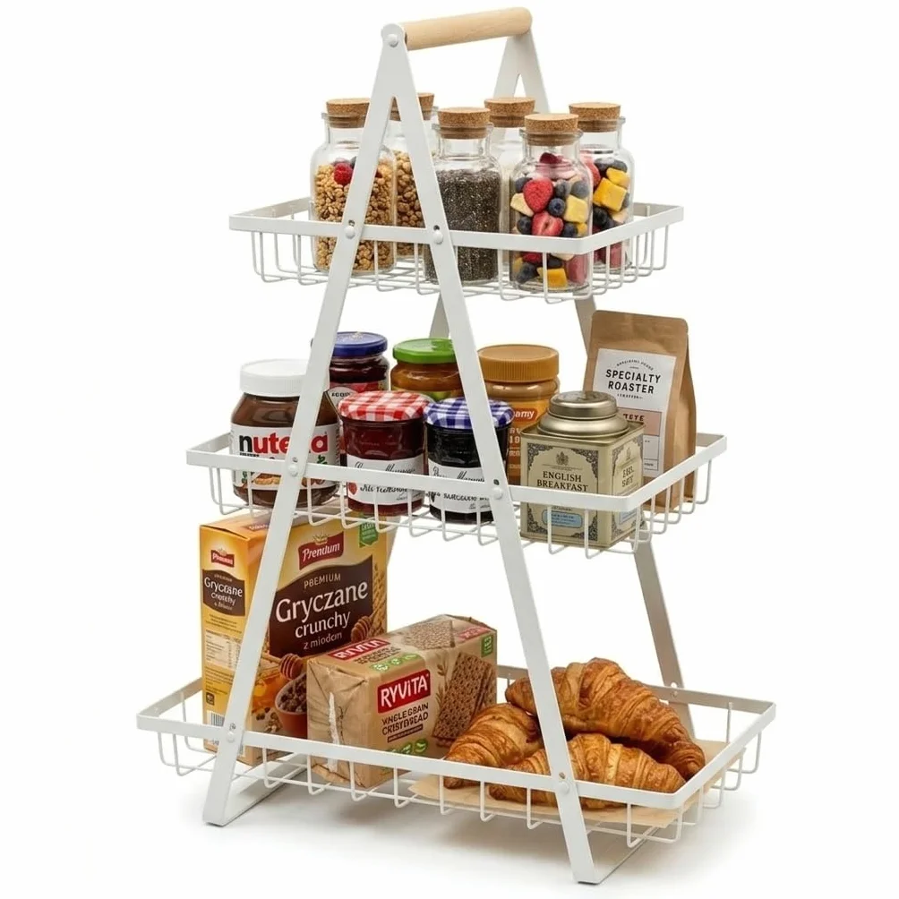 Portafrutta a 3 Ripiani – Contenitore per Frutta e Verdura per Piano di Lavorazione Cucina, Cestino per Frutta e Verdura a 3 Livelli, Contenitore Multipiano per Verdura, Cucina in Metallo