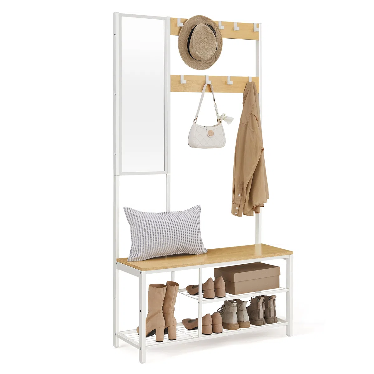 VASAGLE Appendiabiti, Mobile Ingresso con Ganci, Specchio, Panca Scarpiera e Ripiani, 36 x 98 x 185 cm, Corridoio Camera da Letto Salotto, Color Rovere e Bianco HSR050W09
