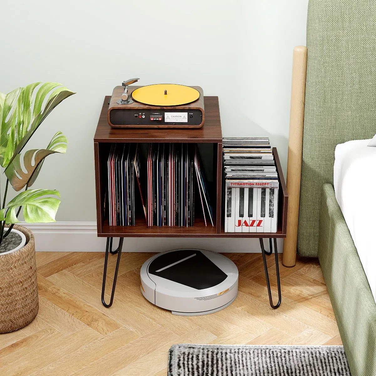 GIANTEX Supporto per giradischi, 66 x 45 x 67 cm, tavolino con stazione di ricarica integrata, mensola in vinile con gambe in metallo, armadio per camera da letto, soggiorno (marrone)