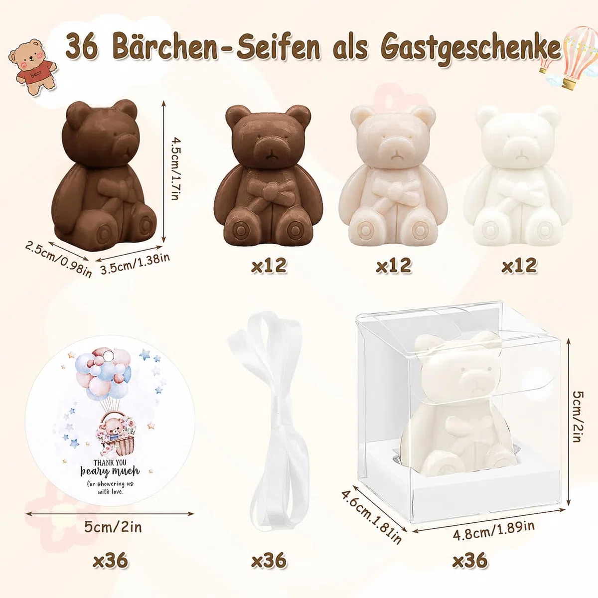 Set di 36 orsetti sapone bomboniere Baby Shower, mini saponi con biglietti di ringraziamento e scatole regalo, saponi profumati per battesimo, genere reveal, matrimonio, festa di compleanno, bianco e