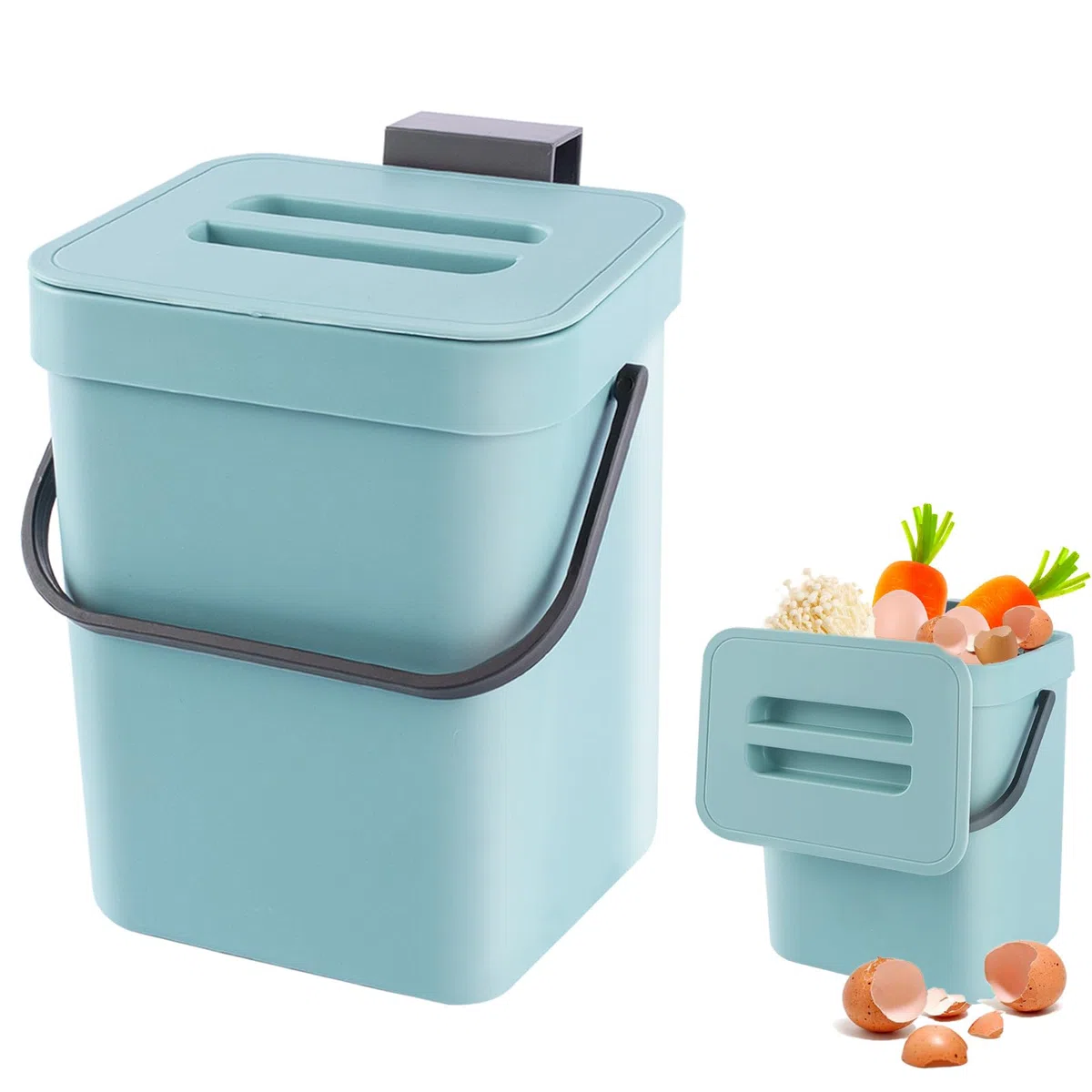 Secchio da Compost da Cucina Piccolo, Bidone della Spazzatura da Appendere, Biometro, Pattumiera per Piano di Lavoro, Contenitore con Coperchio, Compostiera, per Interni, 3 L, Blu.
