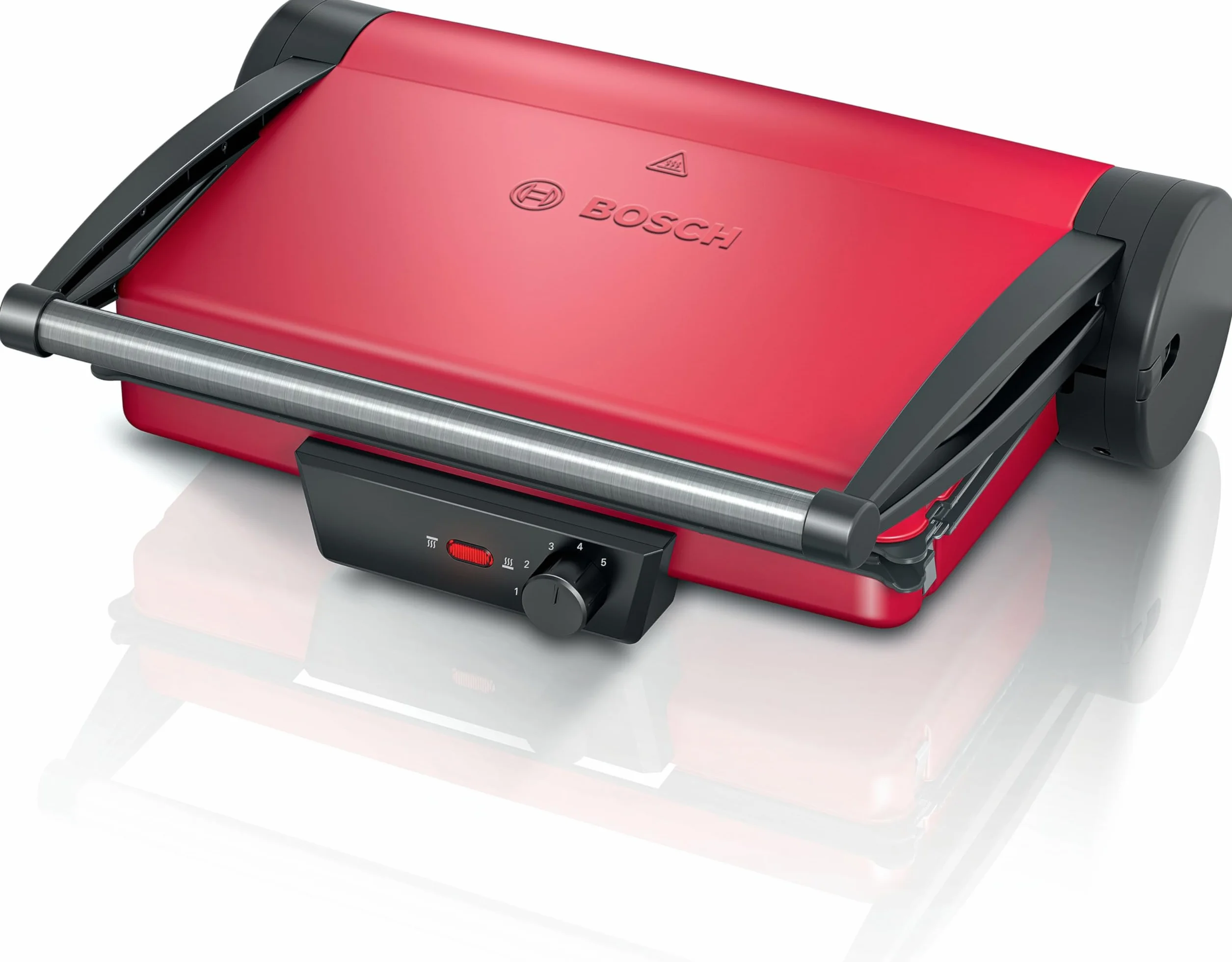 Bosch Bistecchiera TCG4104, 3 Posizioni di Cottura, 5 Livelli di temperatura, 2000W, Piastre Grill in Alluminio Rimovibili e Lavabili in Lavastoviglie, Rivestimento Ceramico Antiaderente, Rosso