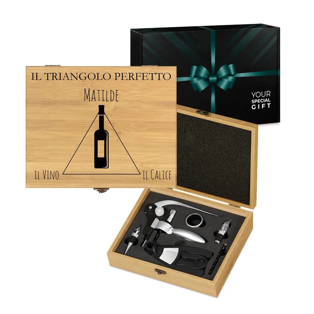 Maverton Set di Accessori da Vino Deluxe - Kit Cavatappi da Vino Personalizzato - Scatola in Legno di bambù + 8 Pezzi di Accessori Vino - Regalo Donna - Triangolo