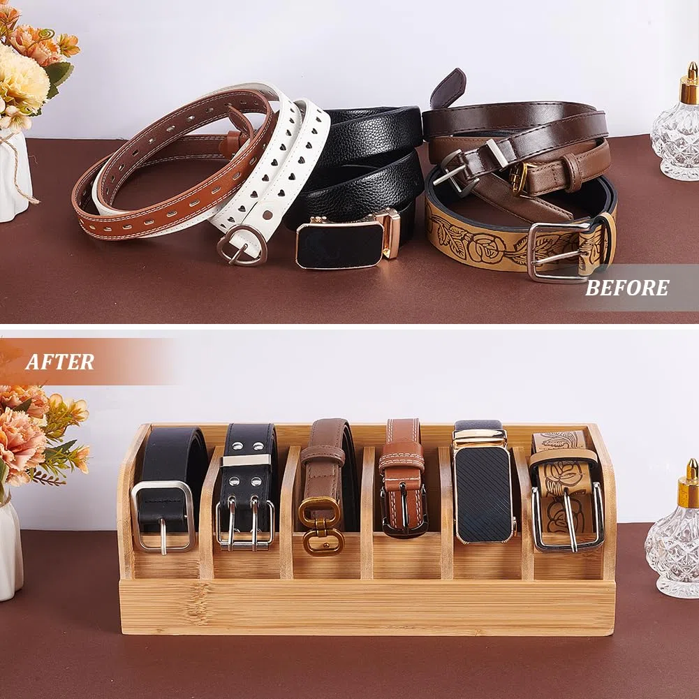 PH PandaHall Scatola per Cintura in Legno con 6 Scomparti Organizzatore per Cintura, Porta Cinture Contenitore per Uomo e Donna Cinture Cravatta Armadio Cassetto, 35x15.2x11.6cm