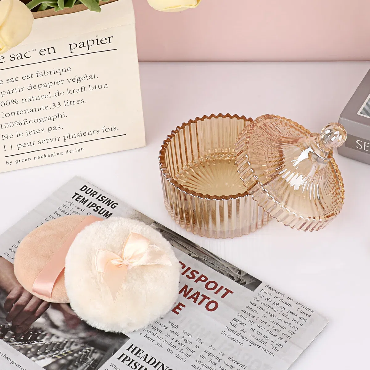 Set di 3 contenitori per polvere in vetro, contenitore per polvere per il corpo, contenitore per polvere per il corpo, talco, polvere cosmetica per il compleanno, regalo (senza polvere) (ambra