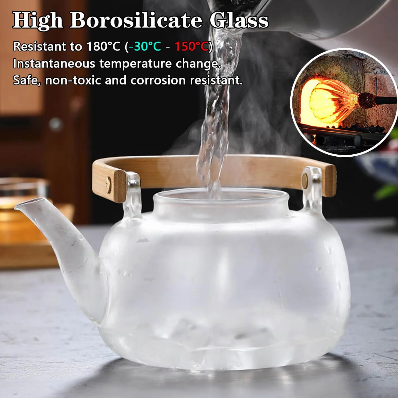 DxxD Teiera in Vetro Resistente 1000ml con Infusore Integrato Removibile, Coperchio di Vetro, Compatibile con Fornelli per Tè, Tisane, Caffè, Sfuso, Senza Gocce