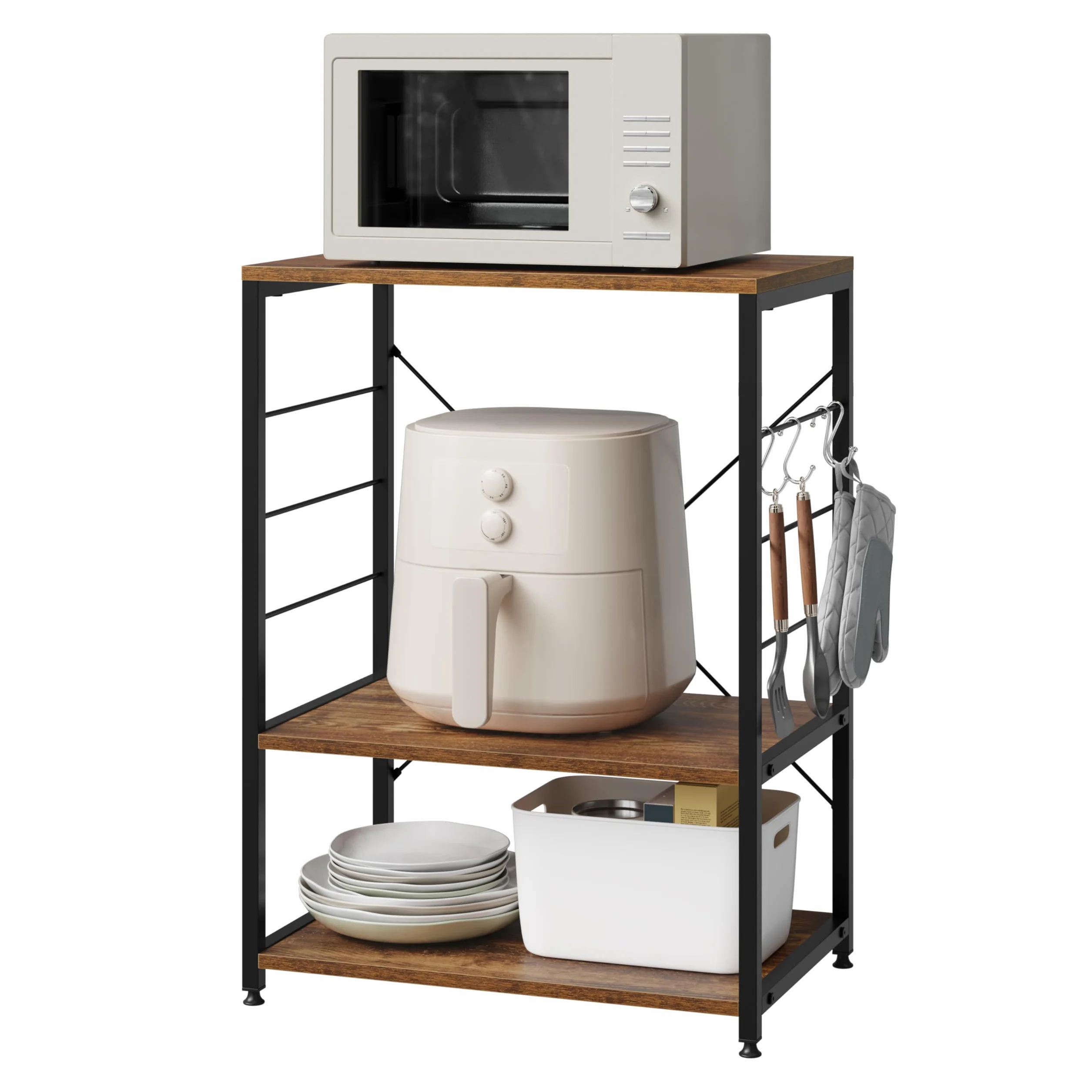 WOLTU Scaffale per Cucina Carrello per Microonde Forno a 3 Ripiani in Metallo e Legno Scaffalature Fioriera Multiuso, Effetto Legno Vintage