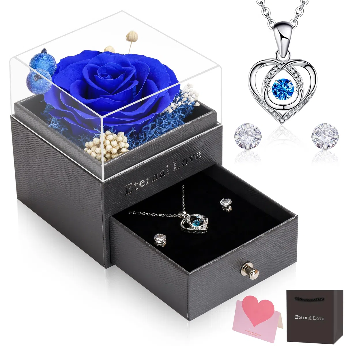 CSYY Rosa Eterna, Festa della Mamma Regalo per Lei con Collana Cuore e Orecchini a Perno San Valentino Festa Della Anniversario Natale Compleanno Sorella Moglie Blu