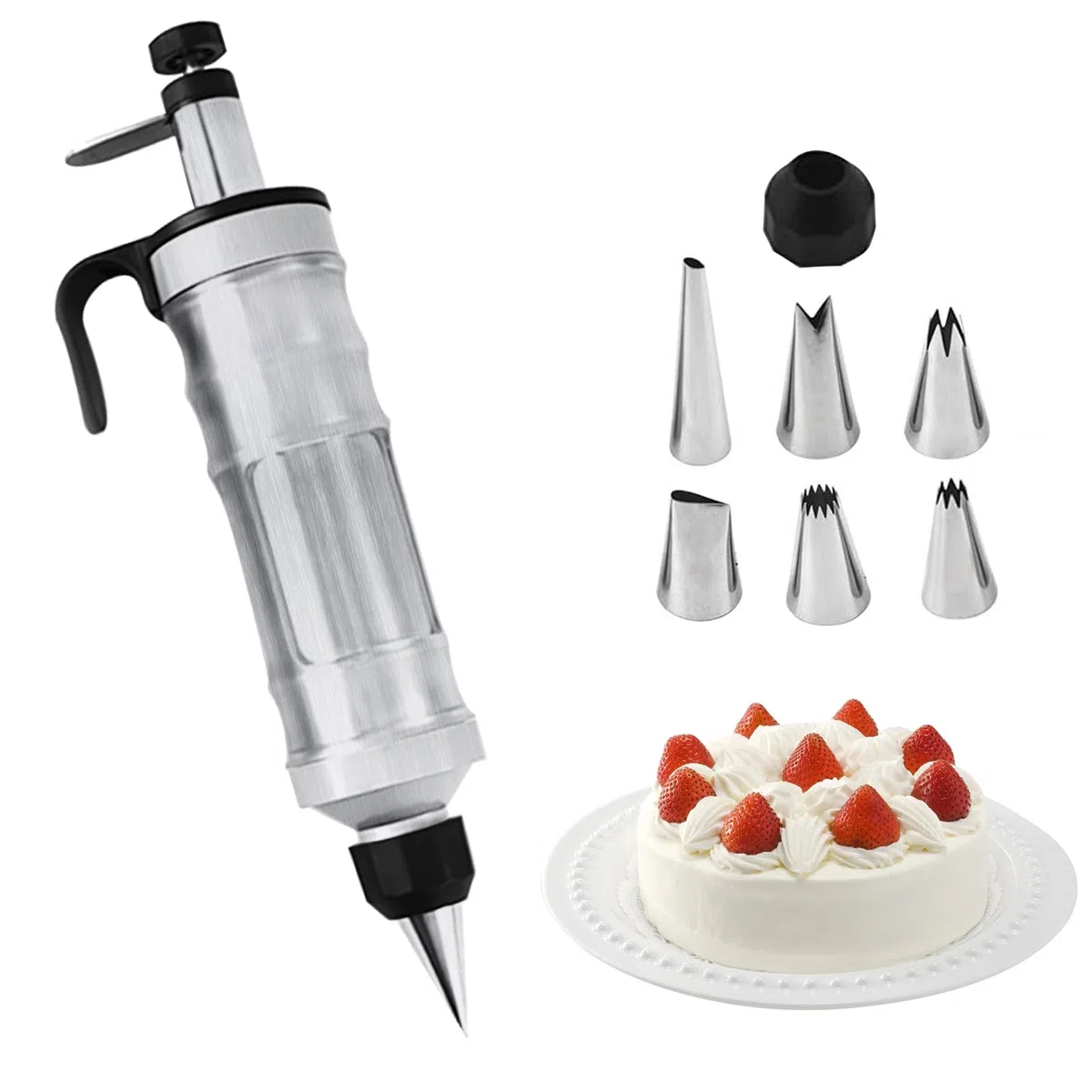 Siringa Professionale in Acciaio Inox per Pasticceria Con 6 Beccucci - per Torte, Marmellata, Cupcake, Biscotti - Colore Nero