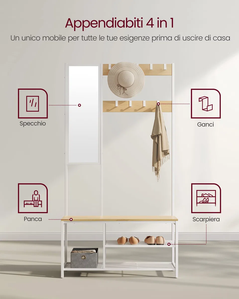 VASAGLE Appendiabiti, Mobile Ingresso con Ganci, Specchio, Panca Scarpiera e Ripiani, 36 x 98 x 185 cm, Corridoio Camera da Letto Salotto, Color Rovere e Bianco HSR050W09