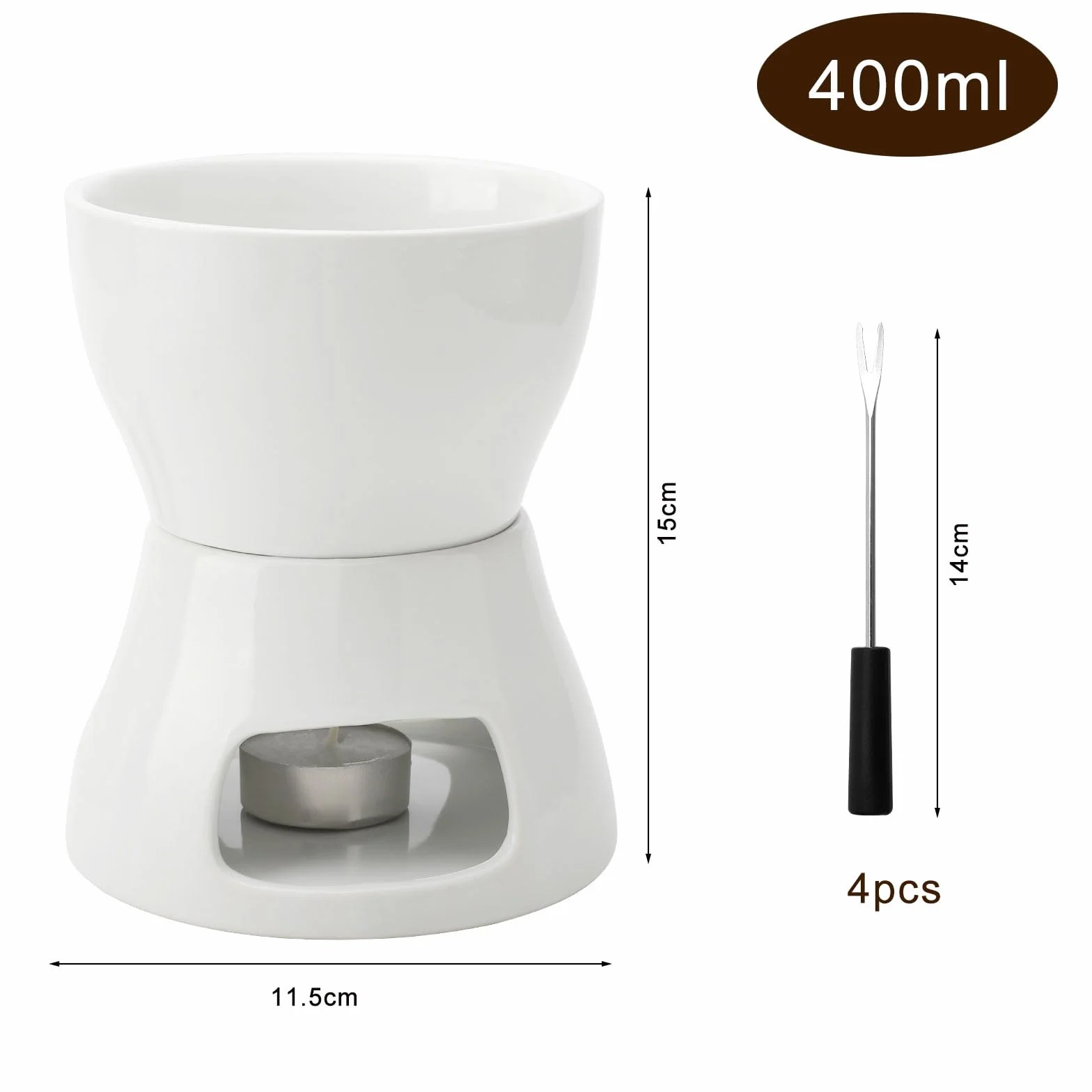 DAWRIS Set Fonduta in Ceramica per Cioccolato e Formaggio, Ciotola in Ceramica con Portacandela e 4 Gabeln, Set Fonduta per Cioccolato e Formaggio per Famiglia e Dessert