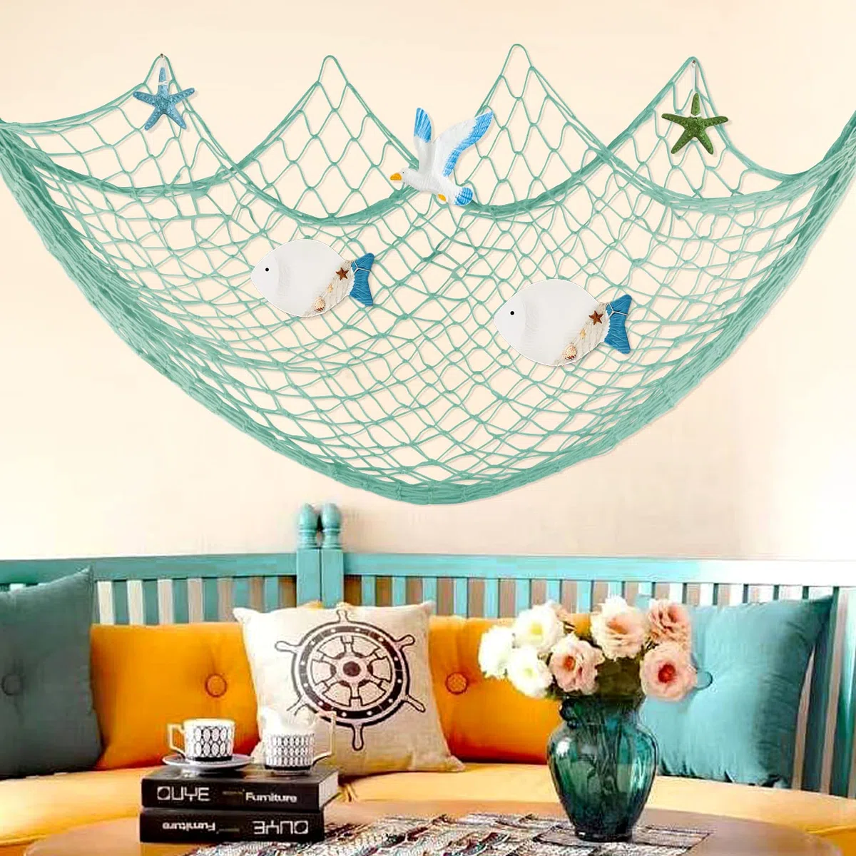 Fangoo 200 CM x 150 CM Rete da pesca con conchiglie Decorazioni a tema da spiaggia per la festa in casa Soggiorno Camera da letto Decorazioni in stile mediterraneo Decorazioni murali (Verde-B)