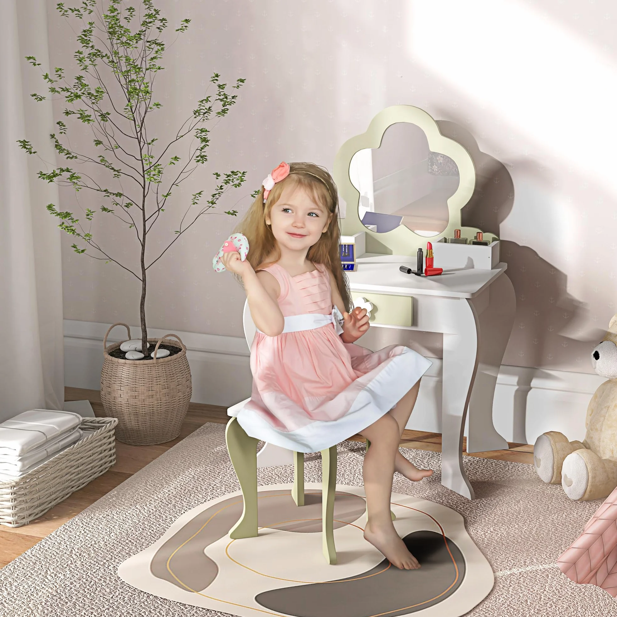 ZONEKIZ Set Toeletta con Specchiera Trucco per Bambina con Sgabello Abbinato, Tavolo Toeletta in Legno con Cassetto e Contenitori, Specchio a Fiore, Bianco