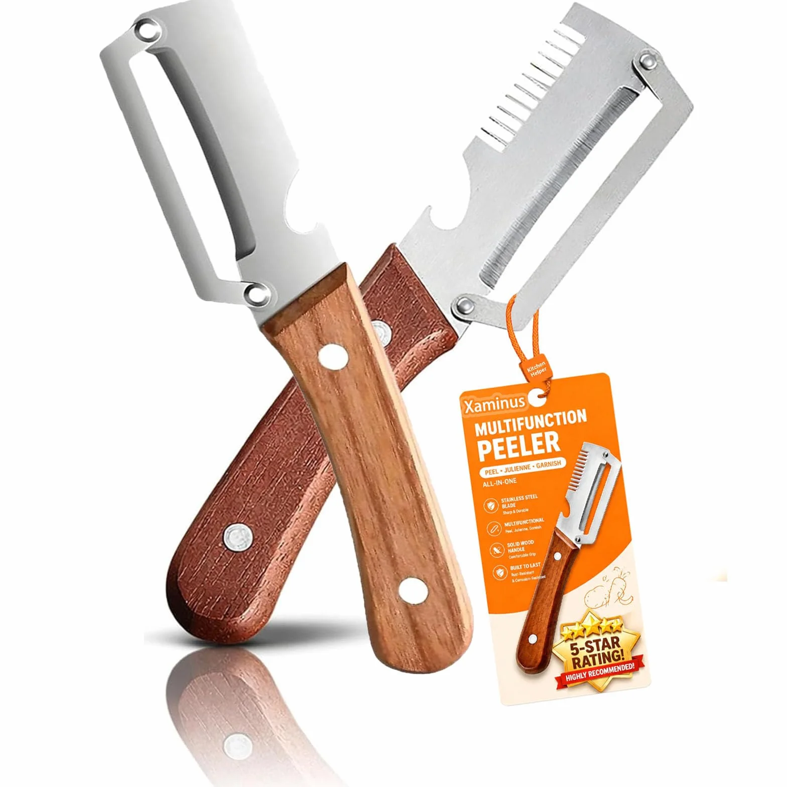 Pelapatate Cucina Professionali Multifunzione 5-in-1, Sbucciatore, Tagliaverdure, Apribottiglie, Lama in Acciaio Inox, Impugnatura Ergonomica in Legno, Utensile per Frutta e Verdura (2PCS-MIX)