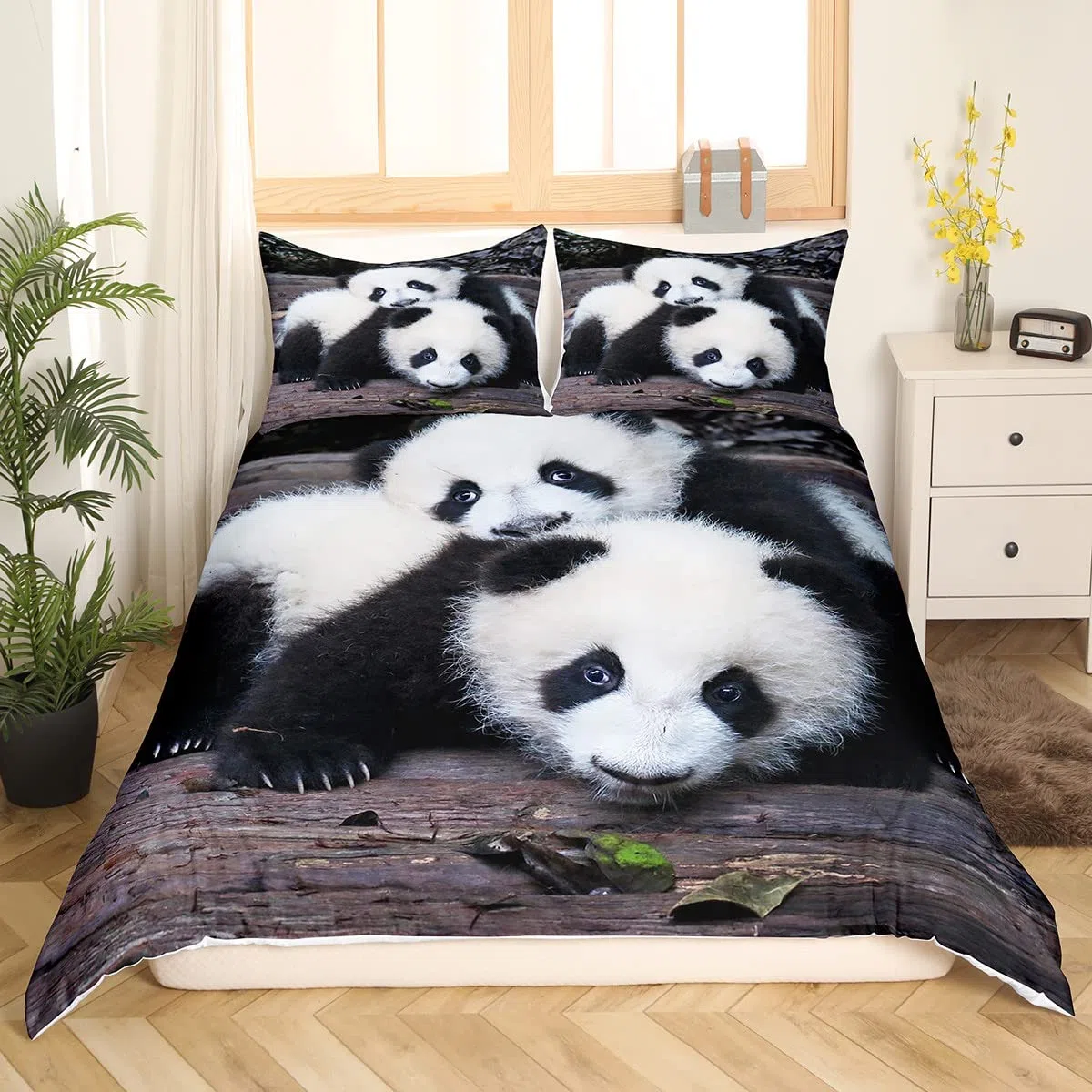 Homemissing Set di biancheria da letto con simpatico panda, per bambini, ragazzi e ragazze, set copripiumino con animali kawaii e fauna selvatica, set copriletto copripiumino per letto singolo