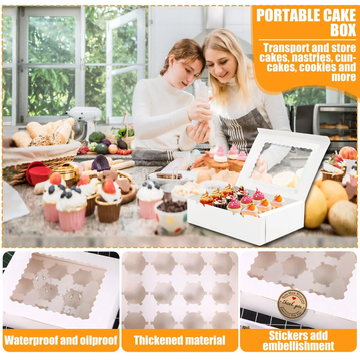 UCAMP 16 Pezzi Scatole per Cupcakei,Scatola per Muffin con Finestra,Scatole per Dolci con Spago,Adesivi e biglietti d'auguri,per Alimentiper Pasticcini,adatta per Natale,Compleanni,Matrimoni