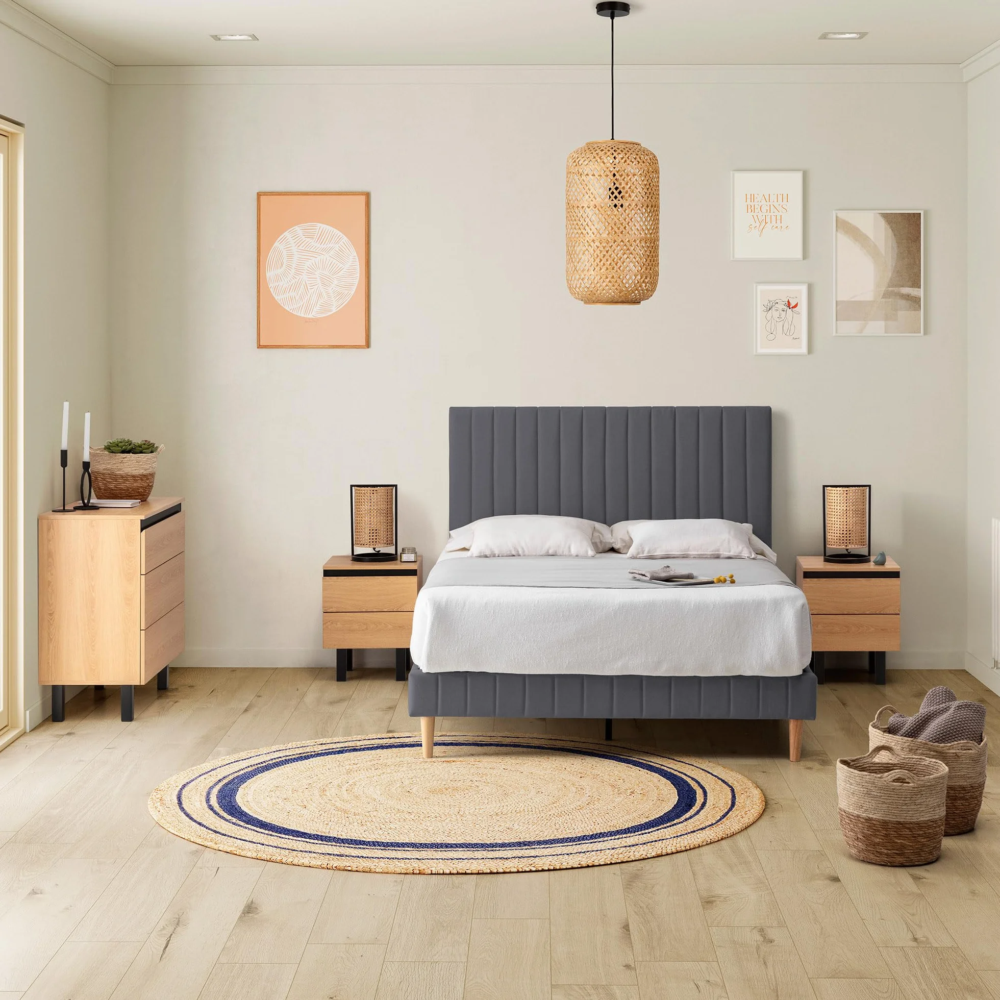 HOMN LIVING Base Imbottita + testiera Eris 160x200 cm Grigio Scuro, 30 cm Altezza