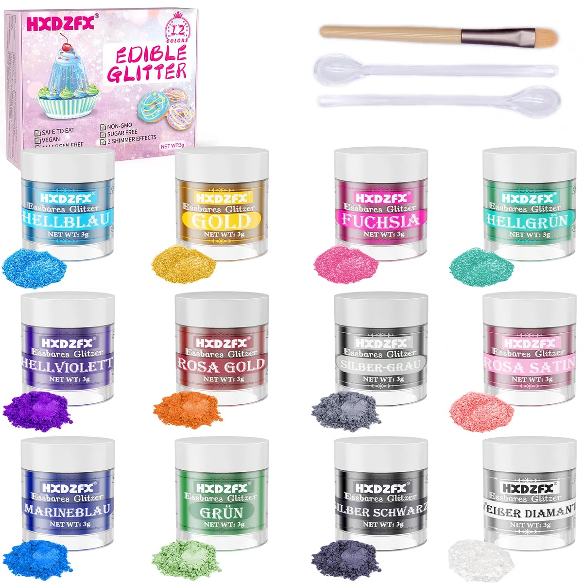 Glitter Commestibili - 12 Colori di Glitter Commestibili per Torte, Glitter Edibili per Drink, Decorazioni Torte, Cioccolatini, Muffin, Champagne, Cocktail, Panna (4g Ciascuno)
