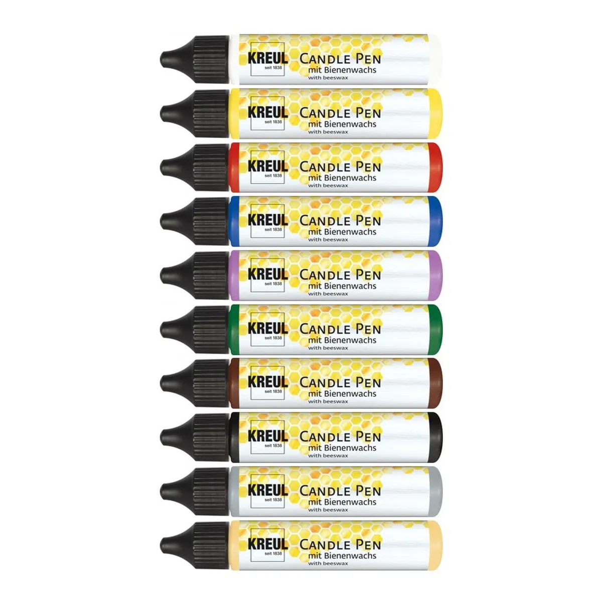 Kreul 49798 - Set di 10 Penne per Candele - 10 x 29 ml, Punta fine, Colore con Cera d'api per Decorare e dipingere Le Candele