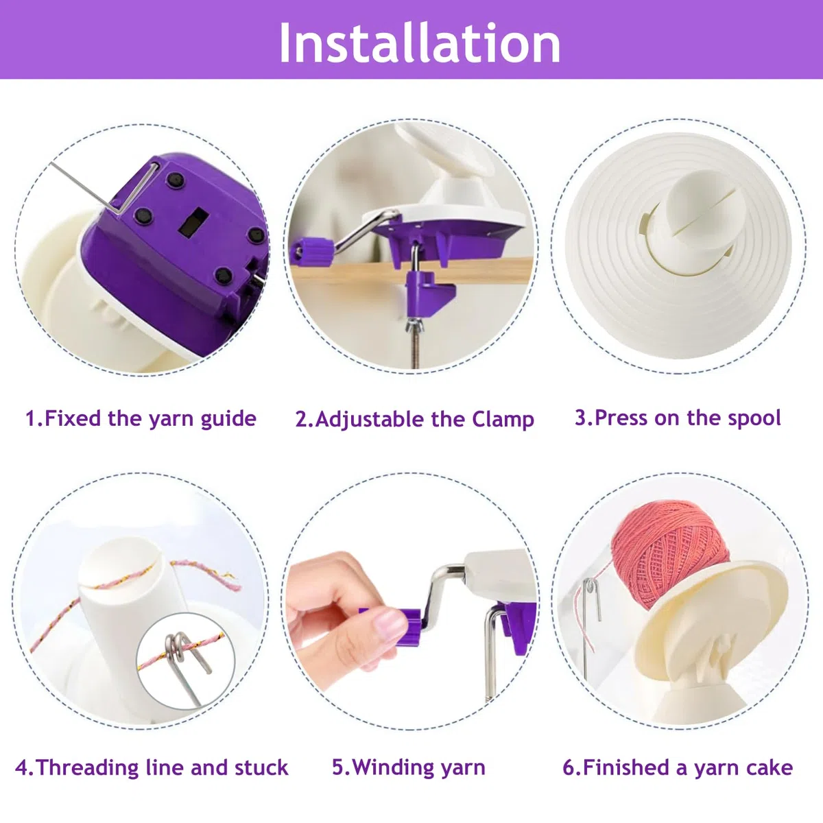 Avvolgitore per gomitoli di filato, set per lavoro a maglia con avvolgitore per gomitoli manuale con morsetto da tavolo per riporre filati (22) (viola)