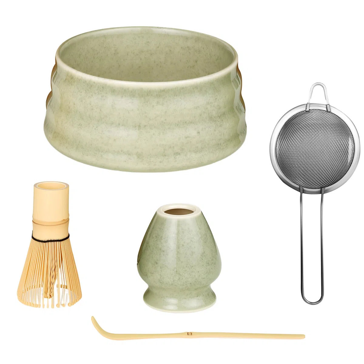 Matcha Kit da 5 pezzi: ciotola per matcha, frullino Baibenli, supporto per frullino, filtro, cucchiaino.Set Matcha adatto ai principianti.